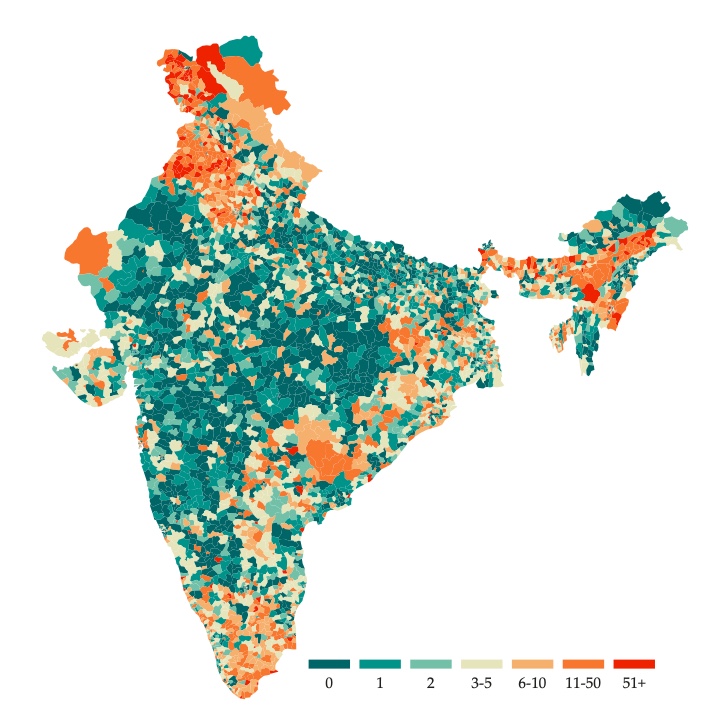 Low-level conflict in India since 2015: The map aggregates ACLED data on low-level conflict to the level of electoral districts for state assembly elections. In my paper, I show that districts with a seat reserved for the Scheduled Castes have experienced less conflict since 2015.